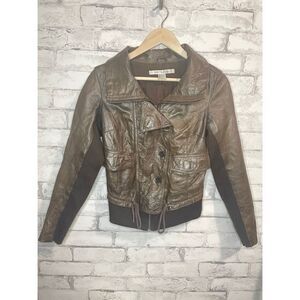 Rezrekshn by Esther Chen Brown Leather Bomber Jacket